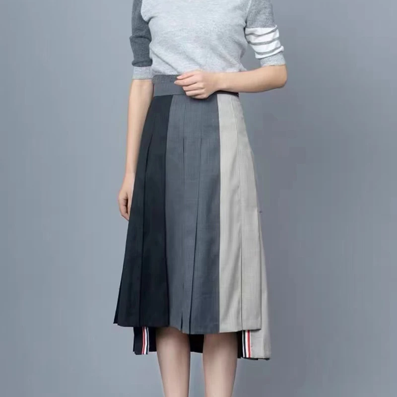 

New Spring Classic Tb Style Women Skirt Fine Imitation Wool Long Pleated Jupe Femme Fashion Vintage Tricolor Faldas Largas Mujer