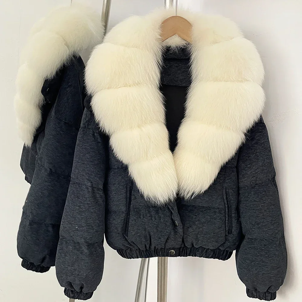 OFTBUY Neue Winterkleidung Übergroßer Echter Fuchspelz Kurzer Daunenmantel Damen 100% Baumwolle Waschbärpelz Entendaunen Pufferjacke Frauen – Detail 19