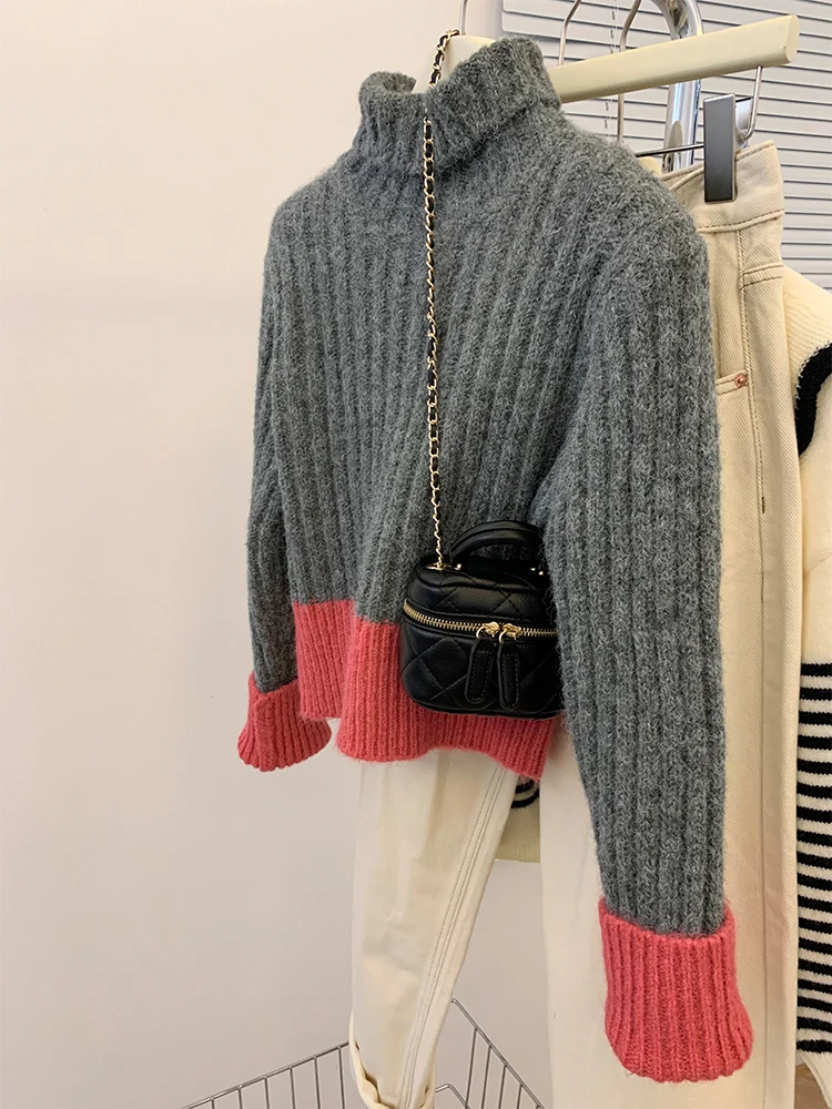 

Женский серый пуловер, двухцветный свитер, Harajuku, водолазка с длинными рукавами, свитера, джемпер 90-х годов, винтажная одежда Y2k 2000-х годов, осень 2024 г.