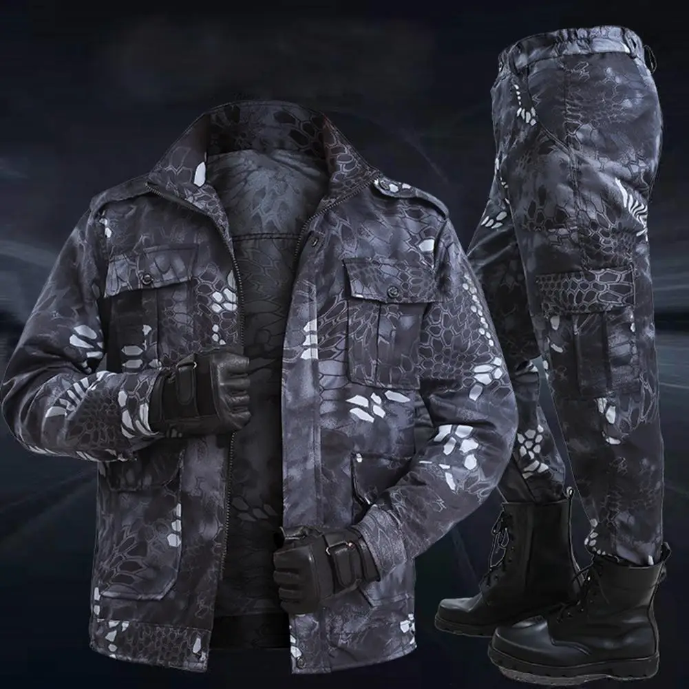 Men Suit Two-piece Set Wear Resistant Zipper Fly Camouflage Epaulet Decor Sports Suit Outdoor Suit Sweat Absorption