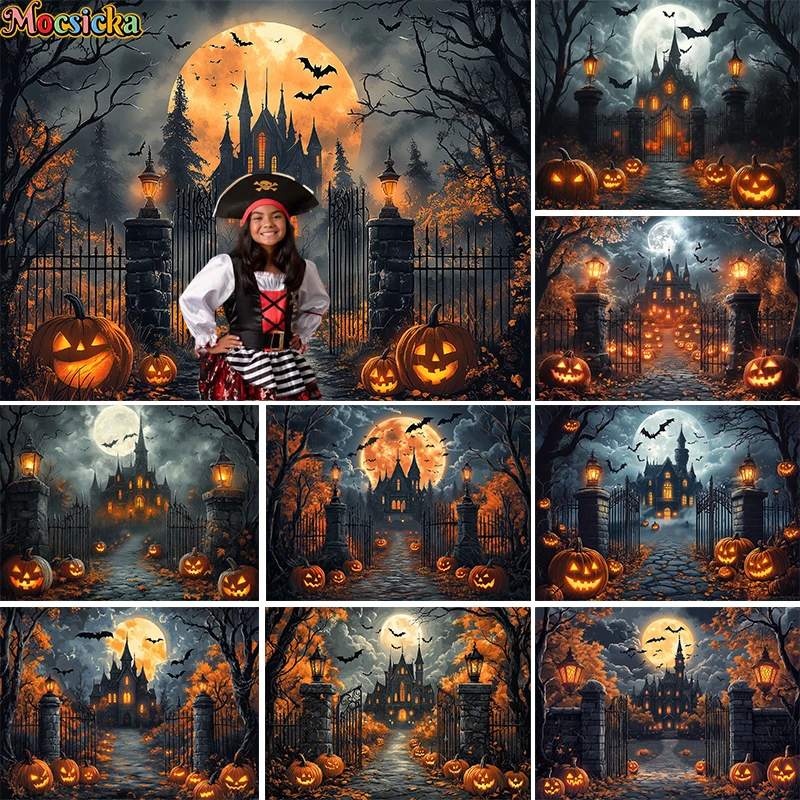 

Mocsicka Halloween Photography Backdrops Dark Night Scary Castle Pumpkin Decor Kids Adult Portrait Photo Backgrounds Studio