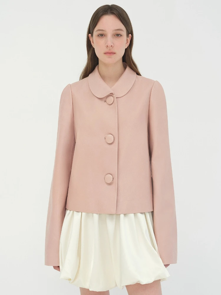 カジュアルクロップド本革ジャケット女性のための春秋ハイエンドシンプルなシングルブレスト固体ソフトリアルシープスキンコート