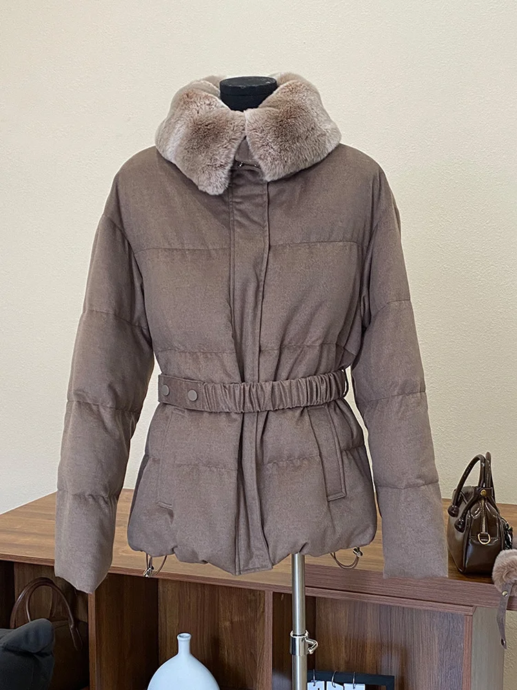 レディース冬用暖かいグースダウンパファージャケット、カシミヤウールジャケット、本物のレックスラビットファーコート、厚手の女性用アウターコート（ミトン付き）