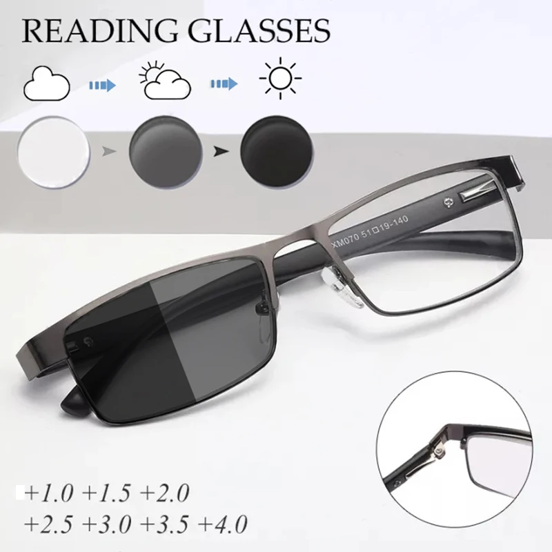 Titanium Alloy Reading Glasses Men Business Hyperopia Eyeglasses Photochromic 12 Layer Coated Lenses with Grade +1.0 To 4.0