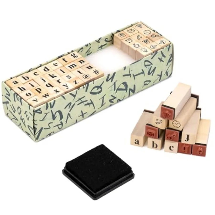 

40 Pieces Alphabet Stamps with Ink Pad, Lowercase Wooden Rubber Stamps for Crafting, Mini Symbols Stamps Set for DIY Card Makin