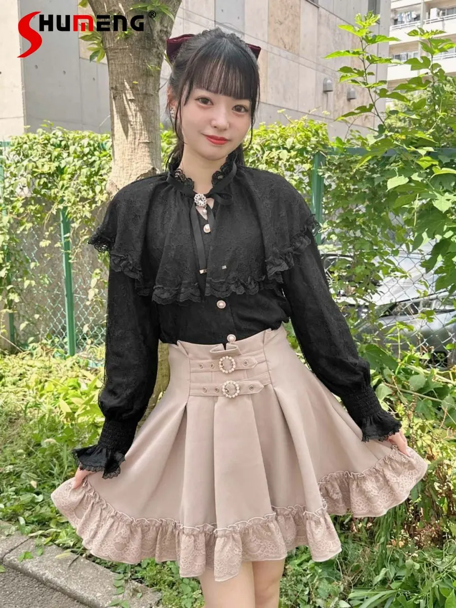 

Japanese Lolita Short Skirt Rojita Mine Series Mass Production Double Circle Belt Rolls Lace Up High Waist A- Line Skirts Women