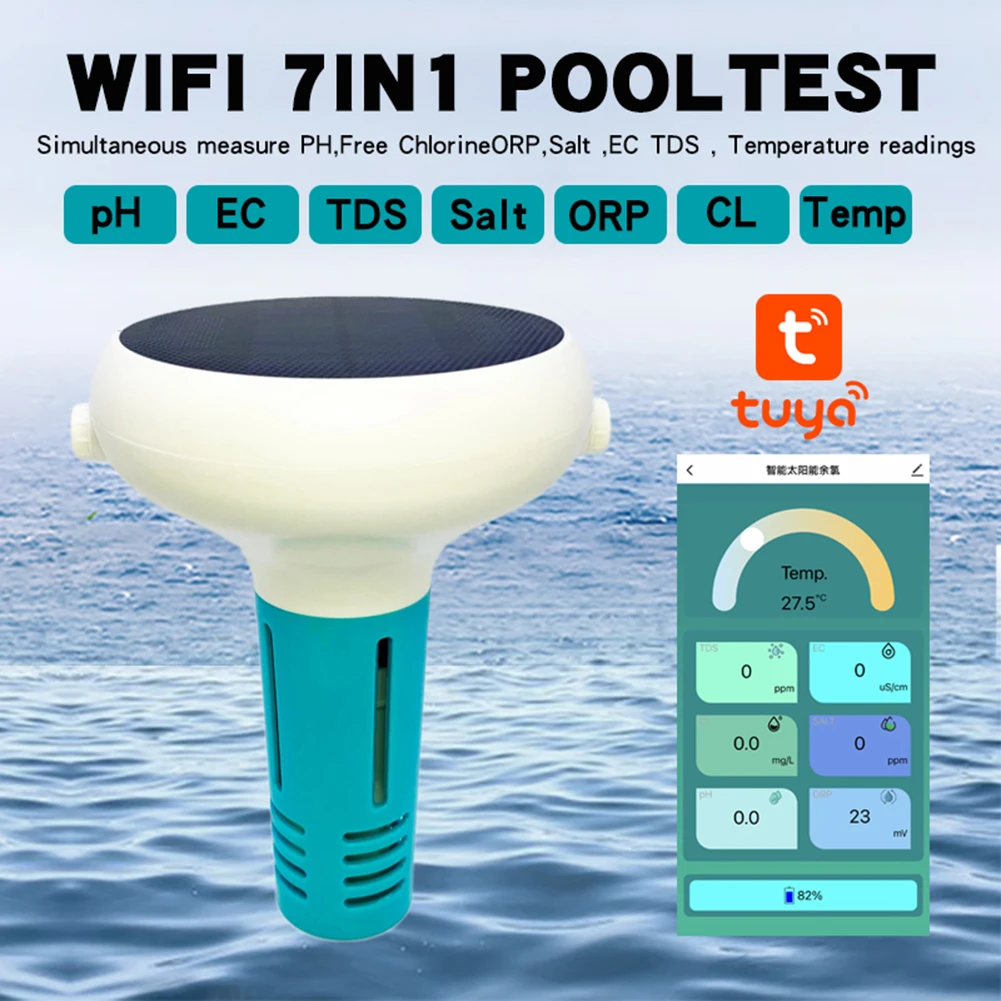 Intelligent Chlorin Meter 7-IN-1 PH/ORP/EC/TDS/Salt/Temp/CL Solar Floating Swimming Pool Water Quality Tester for Swimming Pool