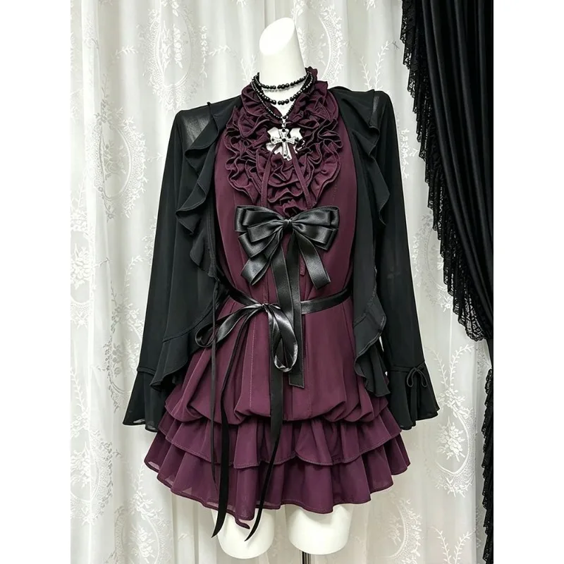 Japanese Vintage Design Elegant Black Cardigan Retro Pleated Purple Sleeveless Dress Harajuku Style 2pcs Кастюмы Для Женщин