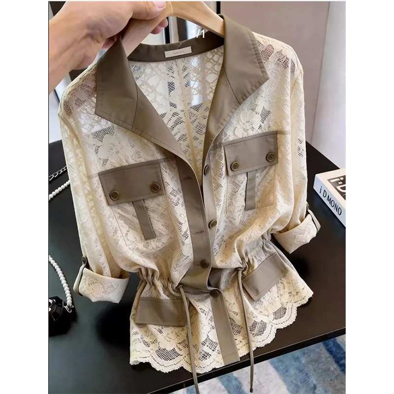 Design Sensation Lace Sun Protection Shirt Women's Summer 2026 Fashionable Belted Waist Top Flip Collar Tie-Detail