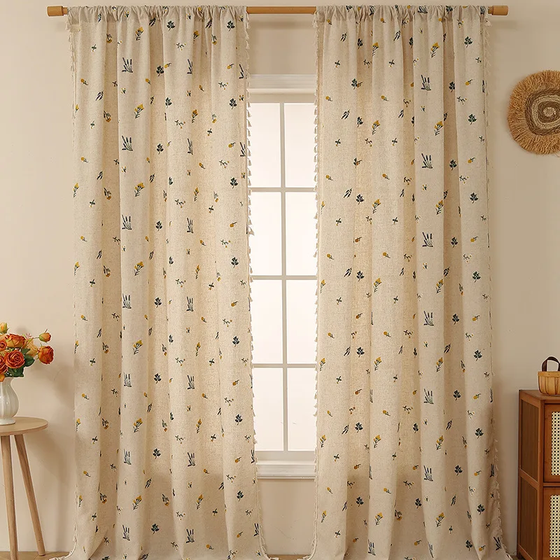 Linen Texture Curtain Fresh Wheat Embroidery Living Room Bedroom High-end Semi-transparent Home Window Curtain Fabric