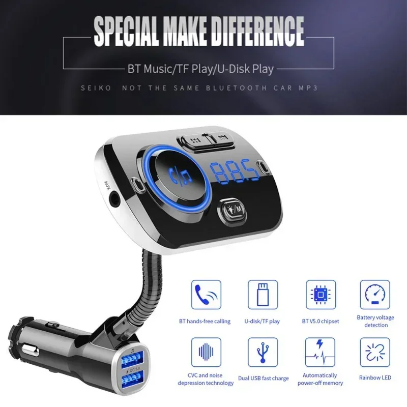 Full New Car FM Transmitter Bluetooth-compatible 5.0 Modulator USB Car Charger Kit Hands-Free Calling Music Player Night Vision