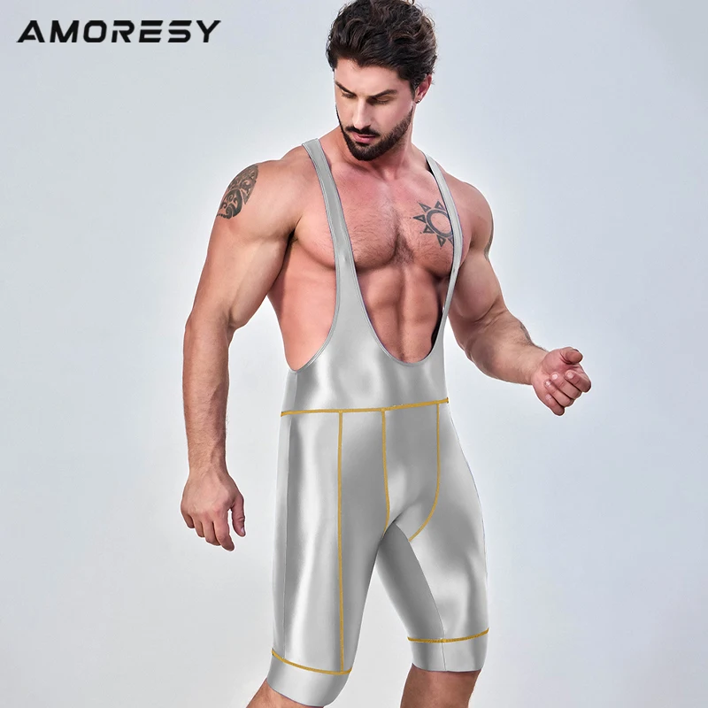 AMORESY Mens Satin Cycling Bibs Five-Dimensional Pants Tights Running Swim Overalls Oil Glossy Bicycle Road Shock Absorbing Bibs