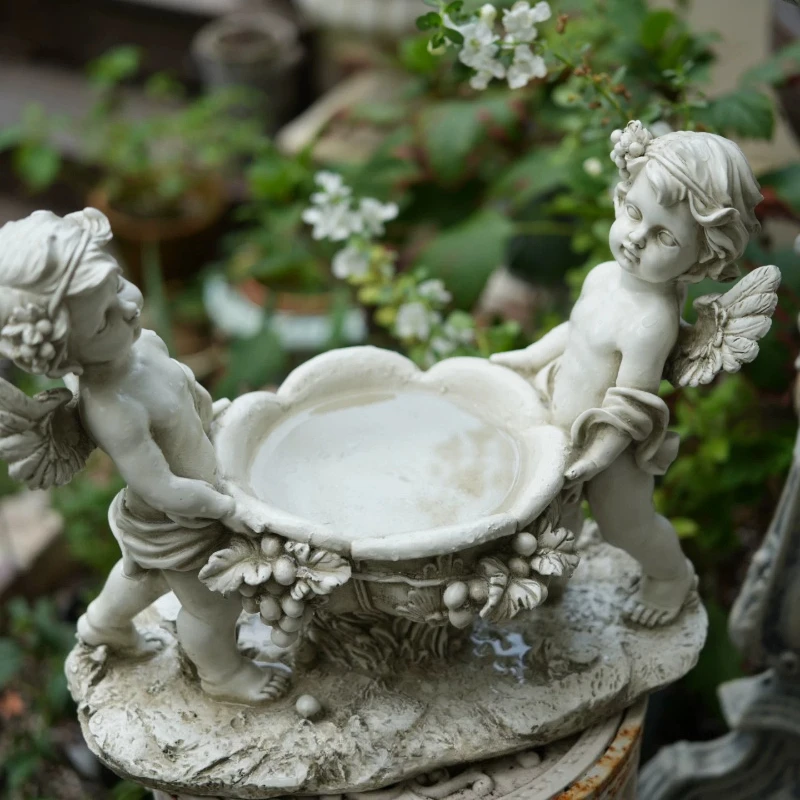 European Angel Fairy Garden Fountain Statue Outdoor Sculpture Planter Rustic Stone Craft Ornament for Courtyard Water Feature