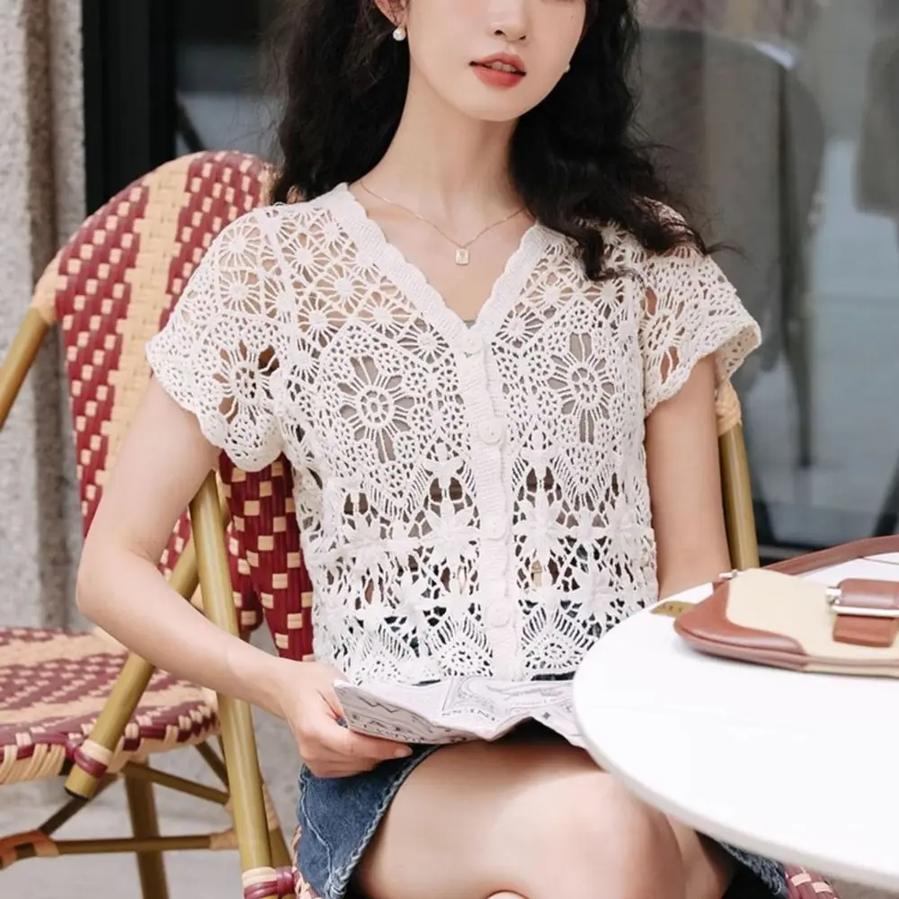 Fashion V-Neck Crochet Top Open-knit Boho Style Embroidery Blouse Short Sleeve Sheer Blouse Women