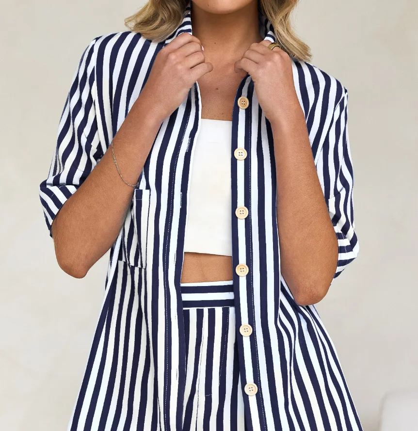 

Two Piece Set Women Outfit 2025 Spring New Fashion Striped Turn-Down Collar Short Sleeve Shirt & High Waist Casual Shorts Set