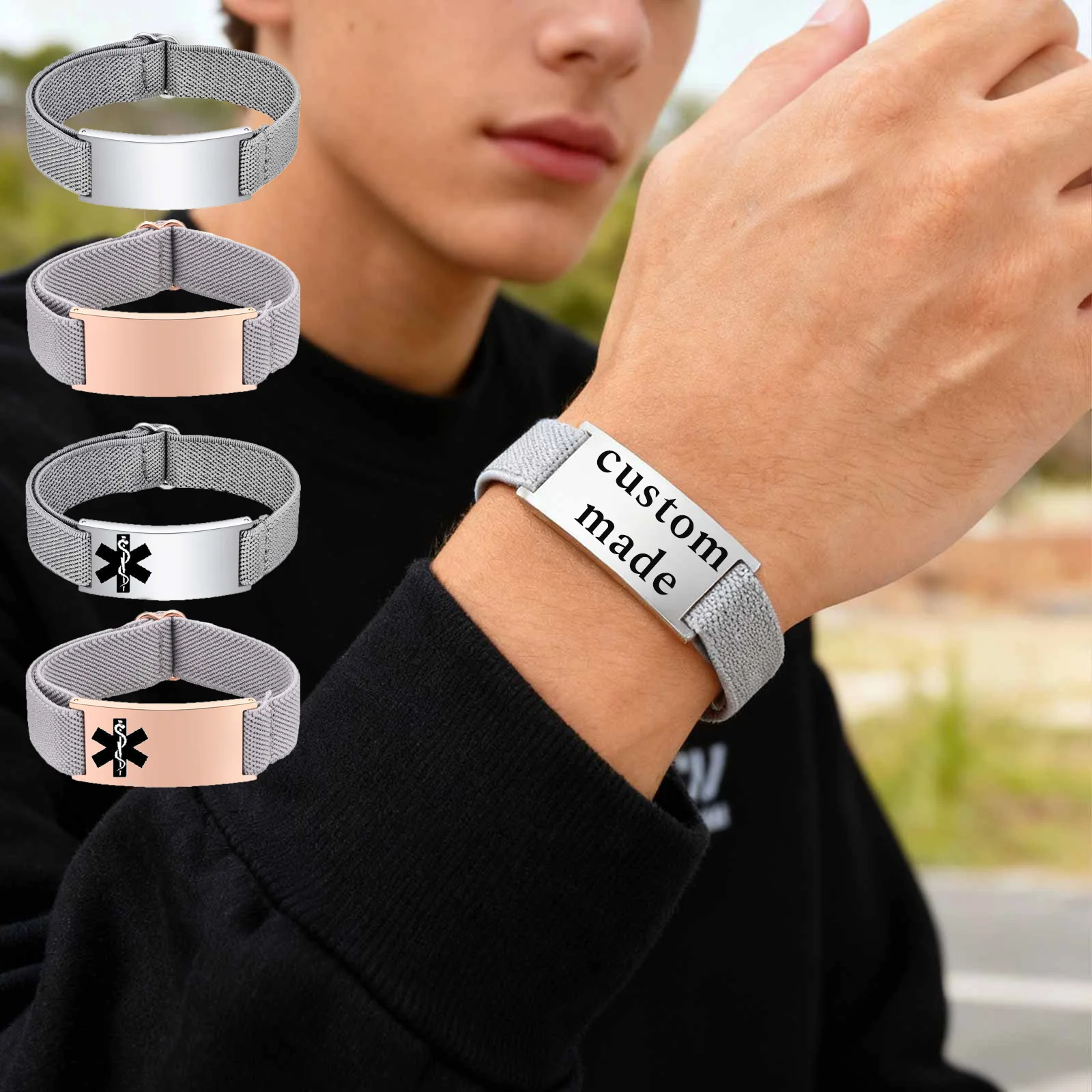 

Customized Alert Bracelets set for Women Men Customizable Elastic Cord Adjustable Length Medic ID Bracelet Jewelry Dropshipping