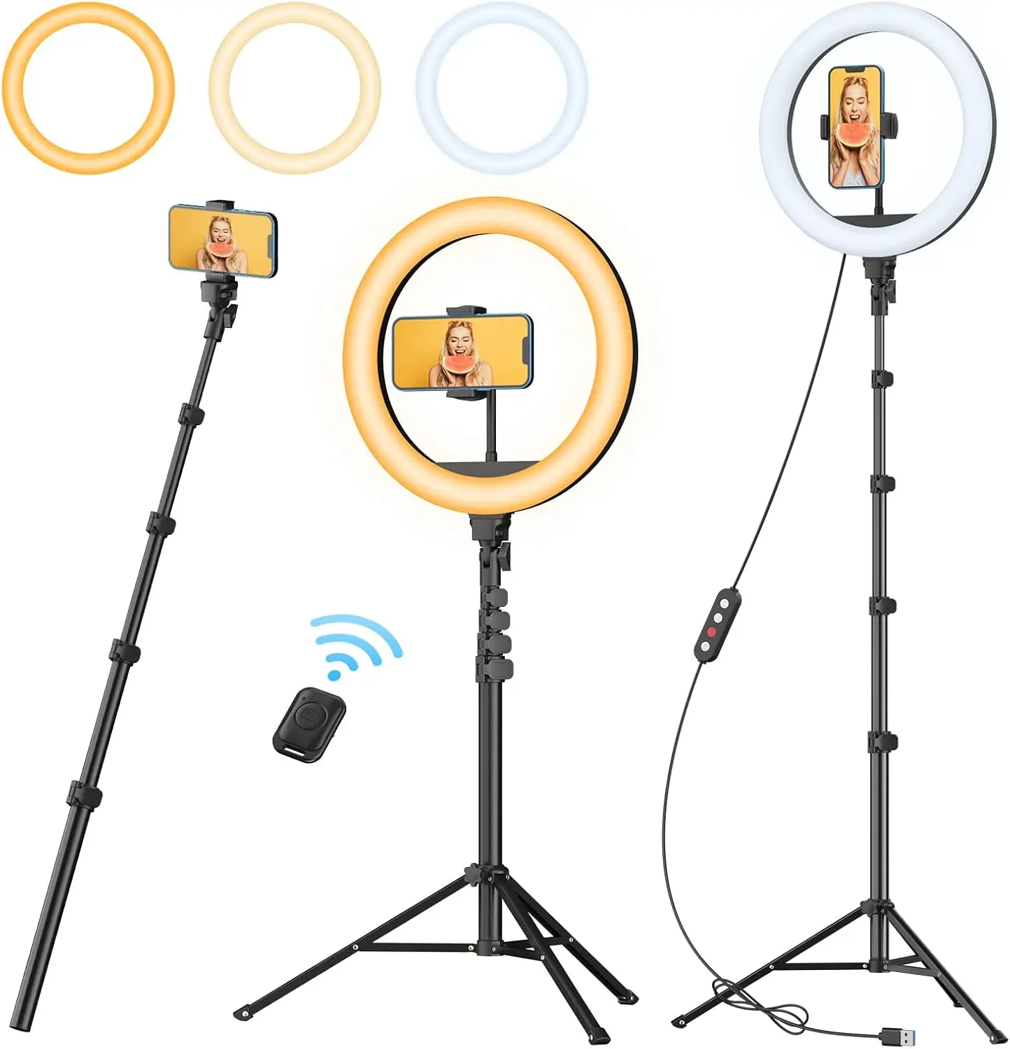 

12" Ring Light with 63" extendable Tripod Stand, Selfie RingLight with Phone Holder and Selfie Remote, 2-in-1 Dimmable L