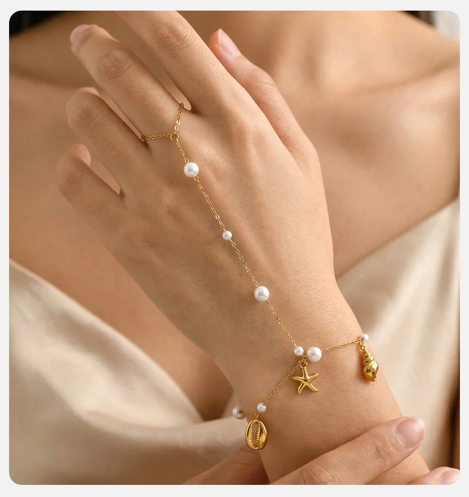 Vnox Boho Imitationsperlen Seestern Muschel Fingerkette Armband Trendiges 18K Vergoldetes CZ Schmetterling Handarmband Strand-Schmuck – Detail 6