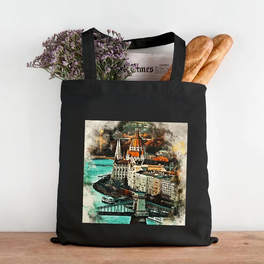 London Budapest Madrid Cairo Venice Sydney Tokyo Watercolor Women Girl Canvas Handbags Totes Eco Shopper Shopping Shoulder Bags