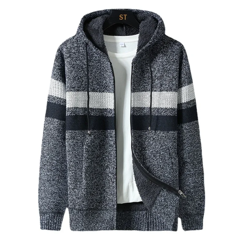 Men's Casual Outerwear Hooded Knit Autumn/winter Thickened Striped Color Blocking Hoodie