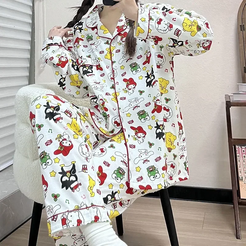 Sanrio Hello Kitty Silk Pajamas Women\'s Autumn Cotton Long Sleeve Casual Home Women\'s Pajamas Homewear Pajamas Pants Set