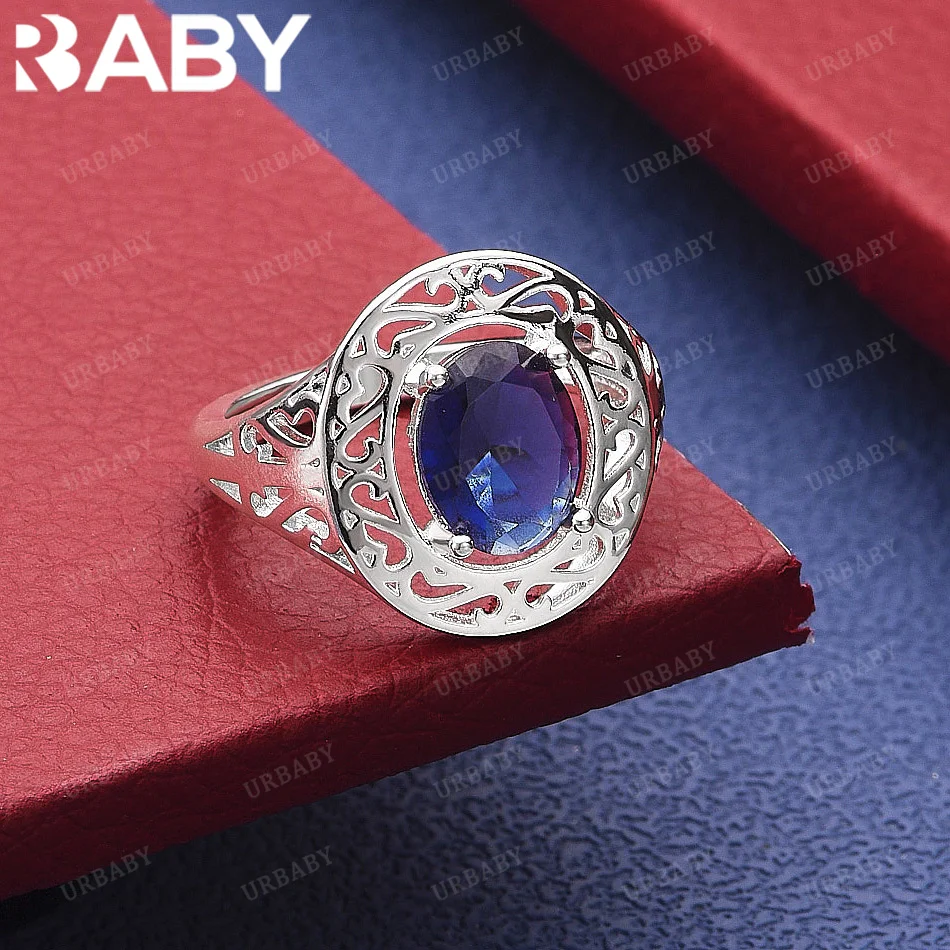 

URBABY 925 Sterling Silver Blue Zircon Oval Wedding Ring Grace Jewelry Trend Fashionable Birthday Party Gifts