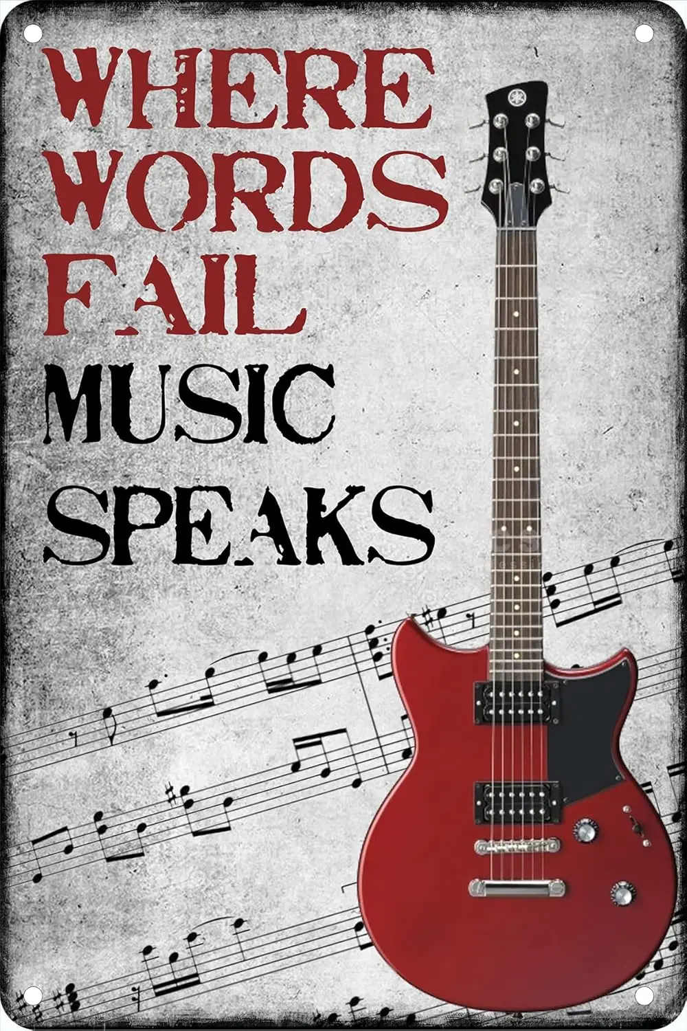 Gitarren-Blechschild „Where Words Fail Music Speaks“, Vintage-Metallschilder, lustiges Musik-Dekorschild für Café, Bar, Kneipe – Aluminium