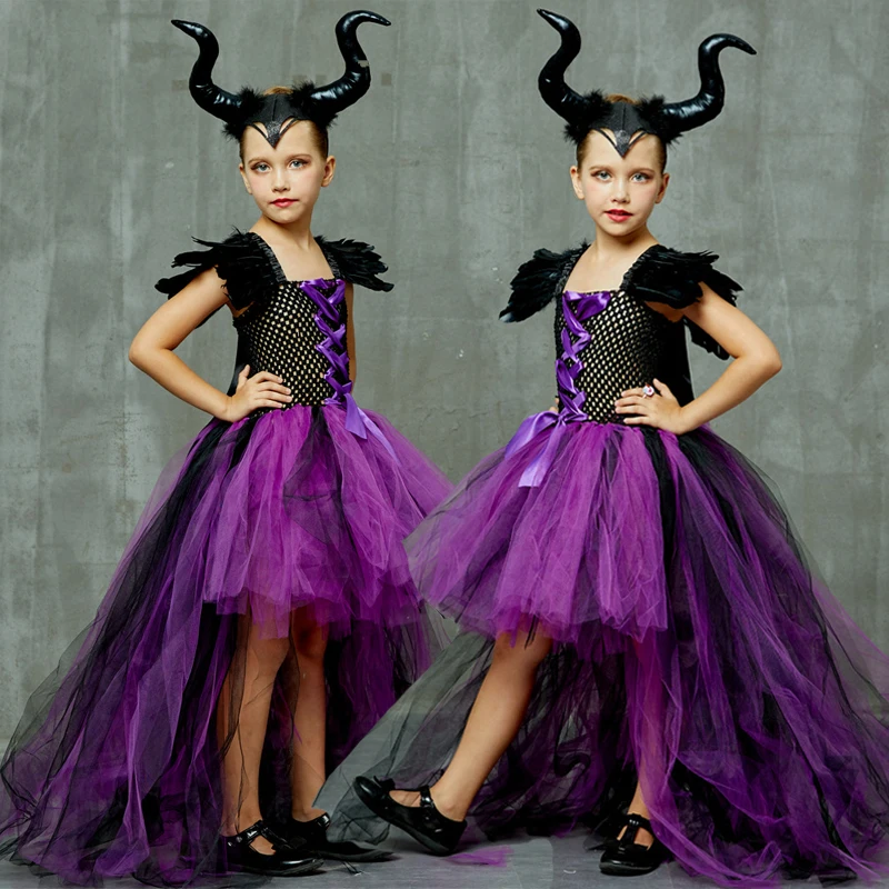 Maleficent Costume Dress Halloween Girls Fancy Christening Black Glam Gownprom Kids Cosplay Demon Queen Witch Clothes