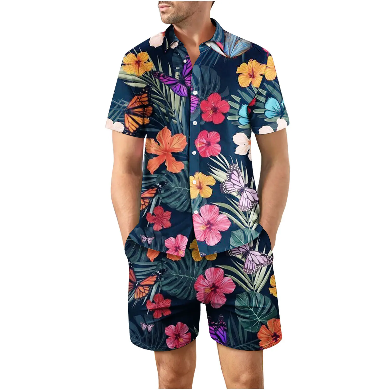 3D coconut tree print summer beach shirt men\'s set Hawaii outdoor dress casual short sleeved shirt+shorts 2-piece set