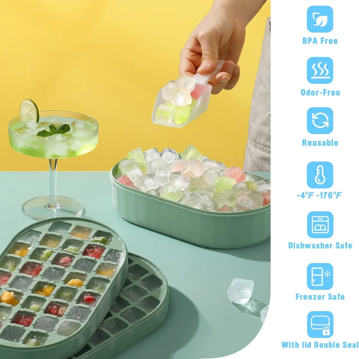 Double Layer Ice Cube Tray with Lid and Case - Stackable, Makes 72 Ice Cubes with Container, Spoon, and Lid Included BPA-Free