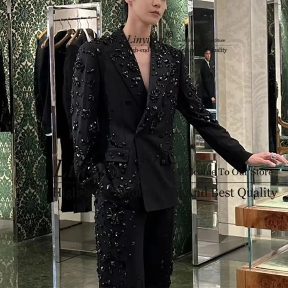 

Sparkly Beaded Crystals Men Suits 2 Pieces Sets Male Prom Blazers Customized Groom Wedding Tuxedos Double Breasted Costume Homme