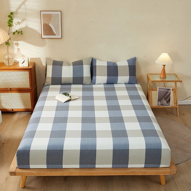 New Non-print Wind Waterproof Anti-bacterial Bed Combination SingleWashing Cotton Cover Plaid Sheet Set Skin Friendly The Fitted