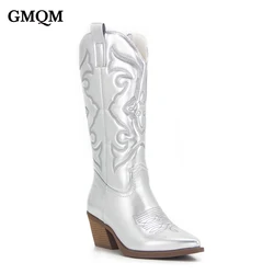 GMQM Cowboy Pink Cowgirl Boots For Women 2023 Fashion Zip Embroidered Pointed Toe Chunky Heel Mid Calf Western Boot Shinny Shoes