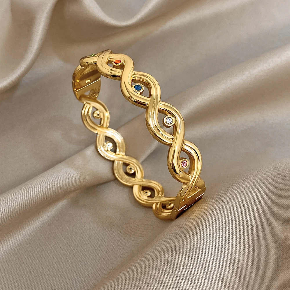 

Freetry Vintage Irregular Stainless Steel Spring Bangle Bracelet Women 2026 Fashion Color Rhinestone Geometry Cuff Wide Bangles