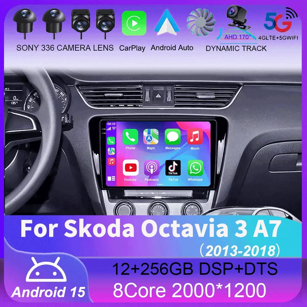 For Skoda Octavia 3 A7 2013 - 2018 Android 14 Carplay Auto 4G+WIFI GPS Car Radio Navigation Multimedia Video Player Stereo BT