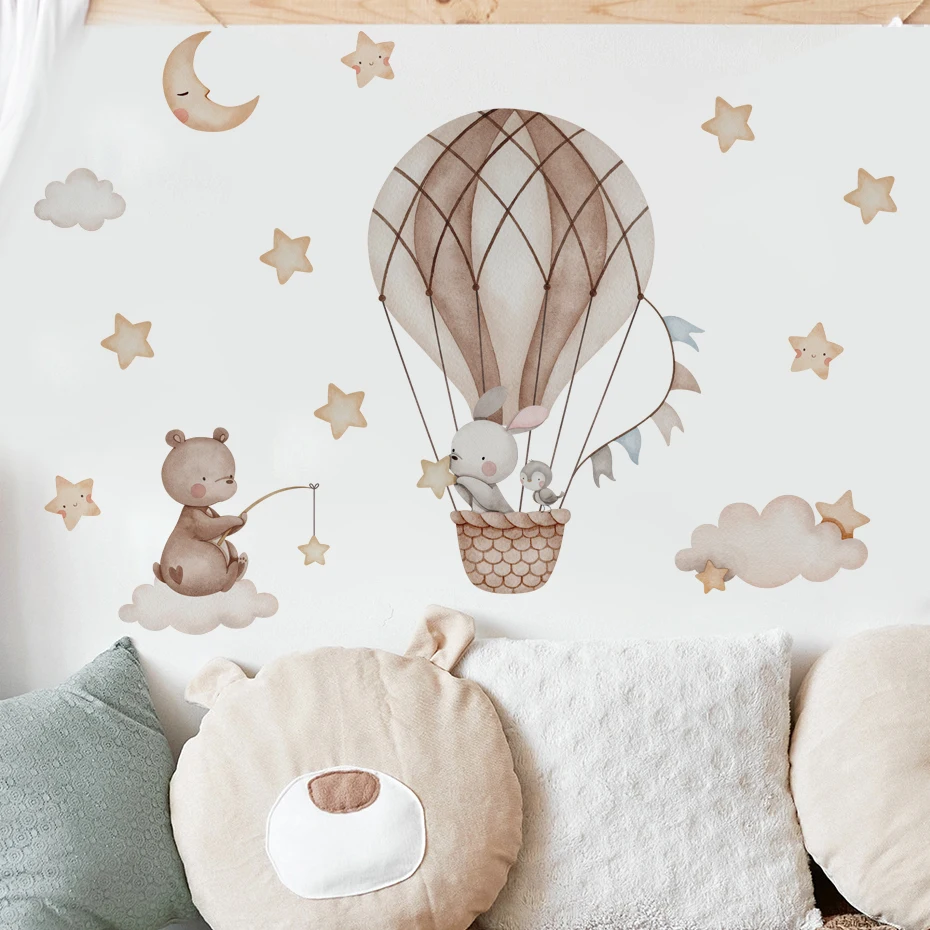 Hot air balloon animal wall decals (bear and rabbits), nursery and kids room decor 2