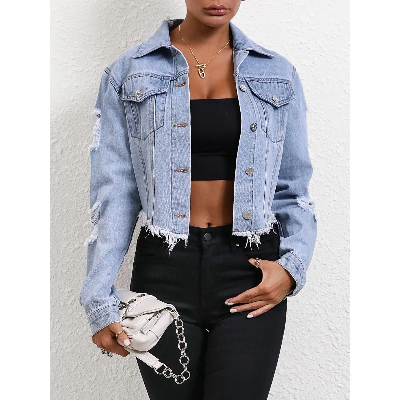 

Women's casual loose ripped long-sleeved short denim jacket solid color fashion D35705