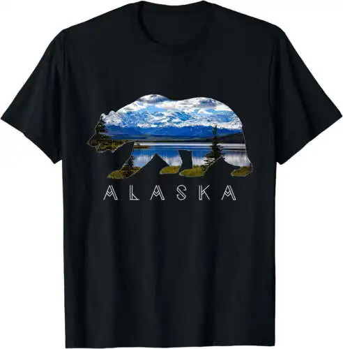 Alaskan Bear with Lake & Mountain Souvenir T-Shirt Black