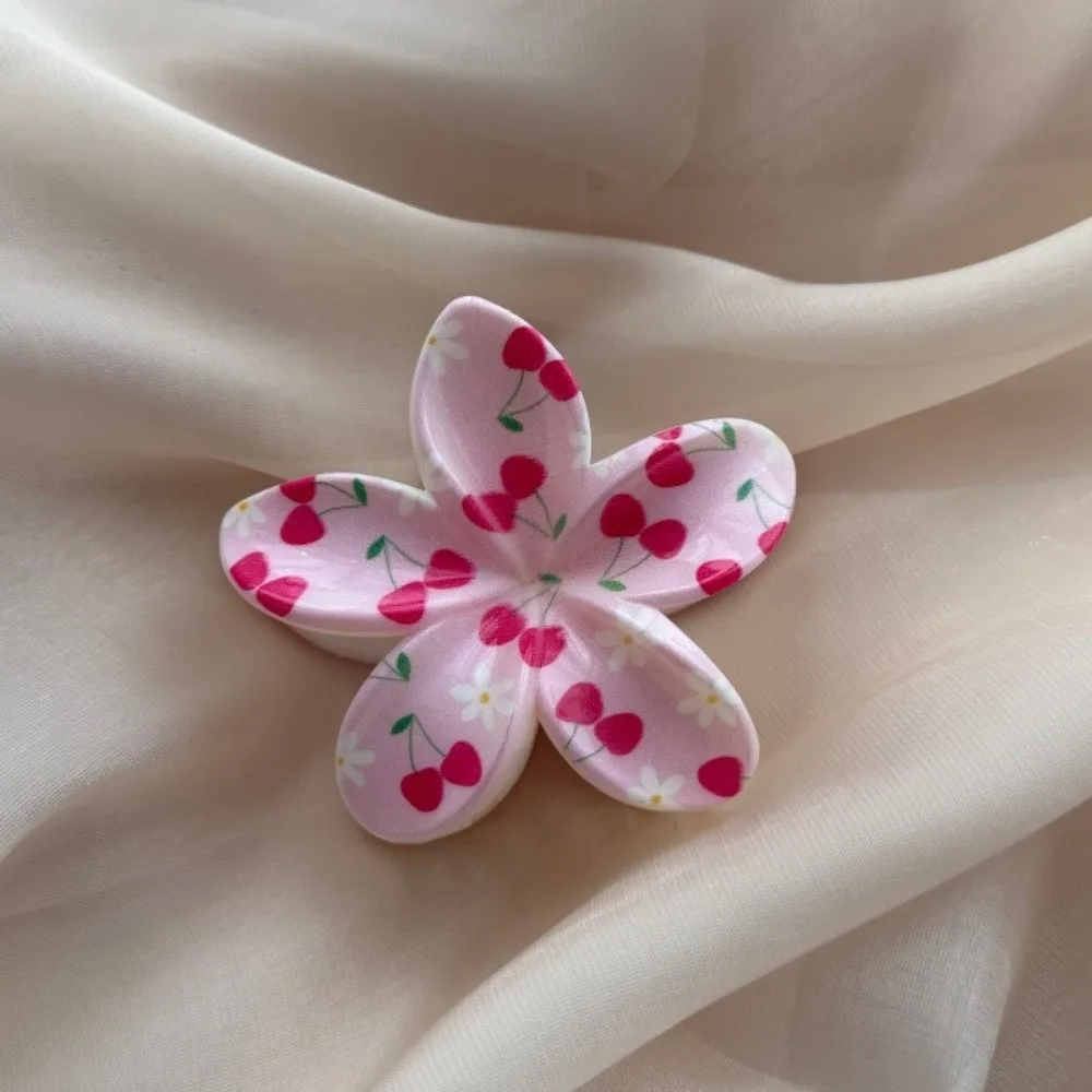 Cherry Bow Hair Claw Clip Plaid Print Double Sided Frangipani Hair Clips Floral Pattern Acrylic Large Claw Clip Hair Accessories