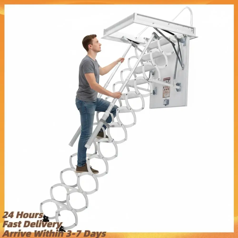 

12 Steps Ceiling Mounted Attic Ladder with Handrails Foldable Loft Step 660LBS Capacity Height Adjustable For Home Duplex Villas