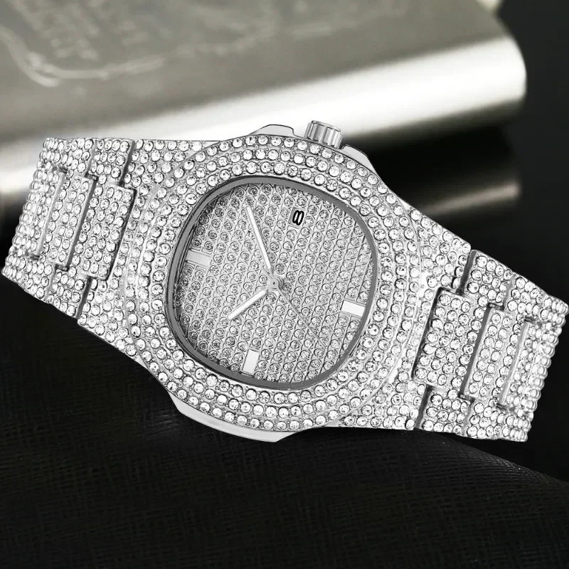 Hiphop Cool Hip Hop Diamond Watch Rap Men's Quartz Strap Calendar Starry Sky Steel Belt Full Diamond Watch