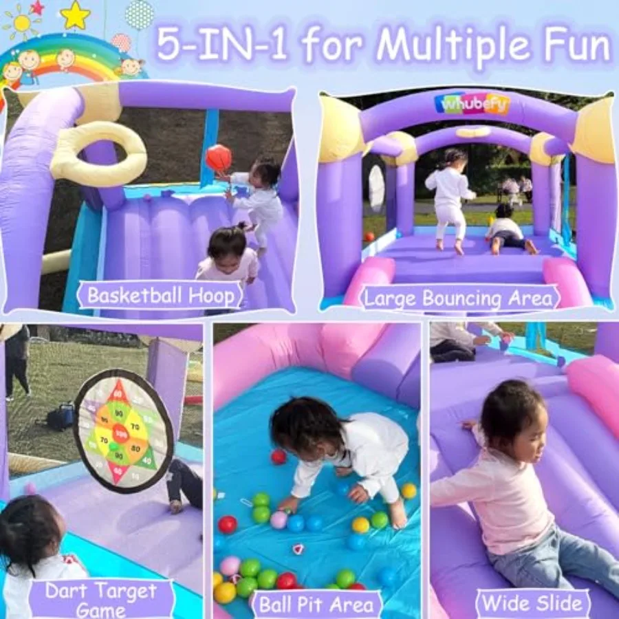 바운스 하우스, 어린이용 블로워 포함 에어바운스(3-10세), 슬라이드/볼풀 포함 실내외 겸용 바운시 하우스, 5 in 1 점프