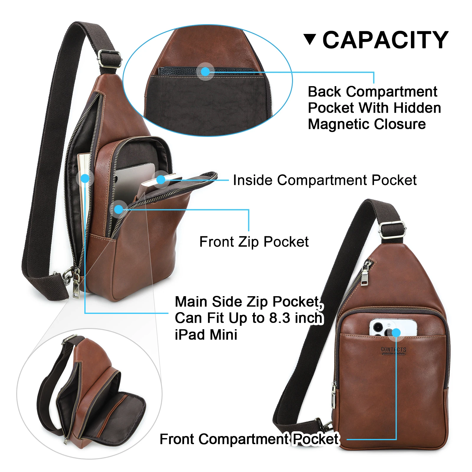 CONTACT\'S Genuine Leather Chest Bags for Men Casual Mini Backpacks Phone Pocket Male Small Travel Bag for 8.3\