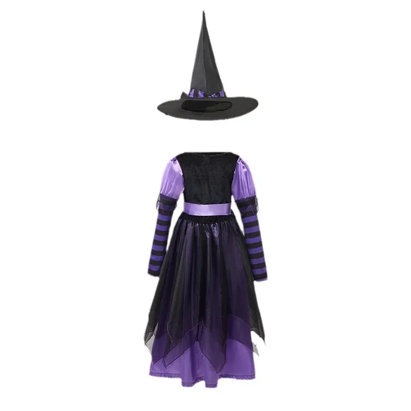 Kinder Rollenspiel-Kostüm Mädchen Hexen-Cosplay-Kleid mit Hut Besen Langarm Tüll Halloween Kostüm für Karnevalsparty – Detail 4