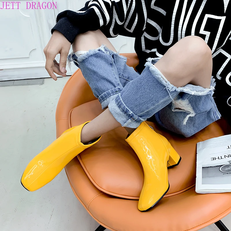 Autumn Fashion Ankle Boots Patent Leather High Heel Women Zipper Boots Square Toe Winter Female Boots Black Pink Red White 33-43