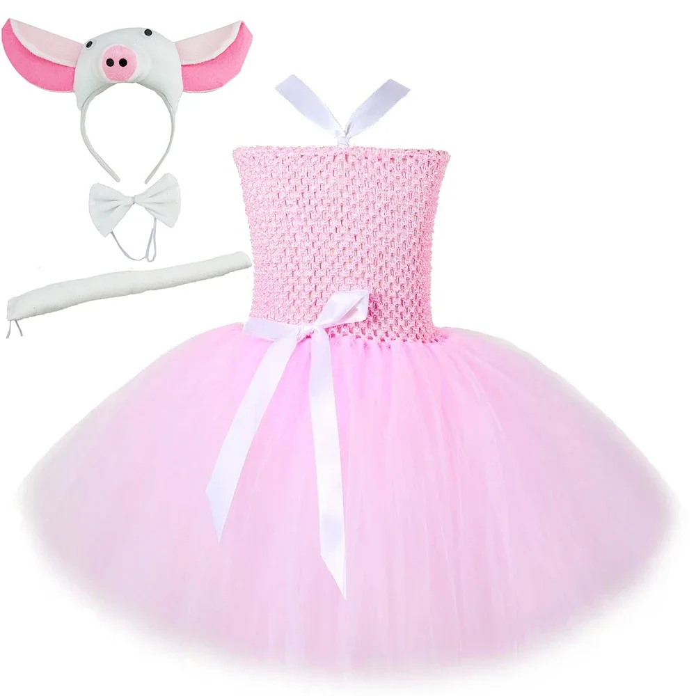 

Animal Pig Costumes For Baby Girls Pink Piglet Lined Tutu Dress with Ears Bowtie Tail Children Birthday New Years Outfit