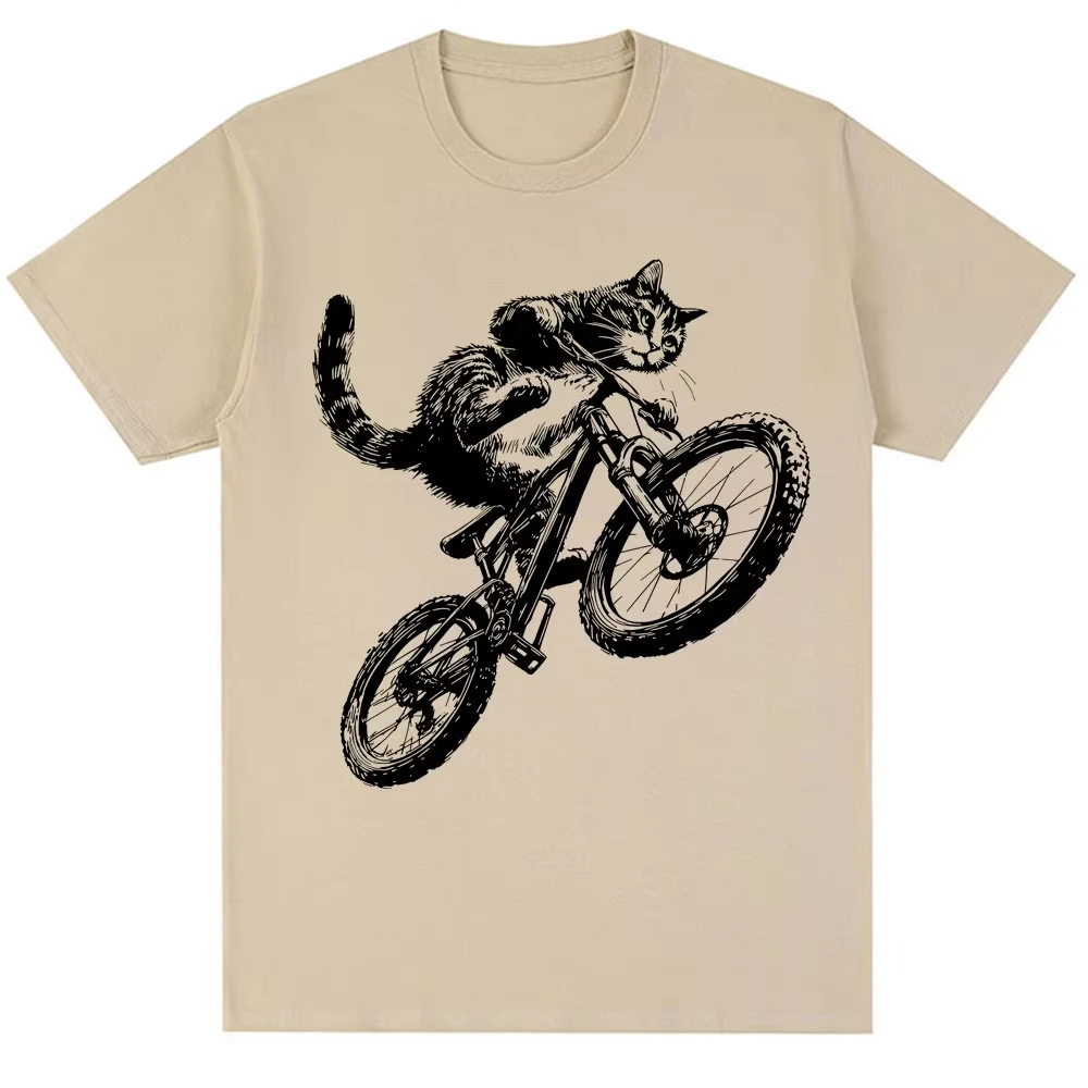 Funny Kitten Cat Riding Bicycle Meme Graphic T-shirts Men Women 90s Vintage T Shirt Oversized Cotton Casual Popular Tee Shirts