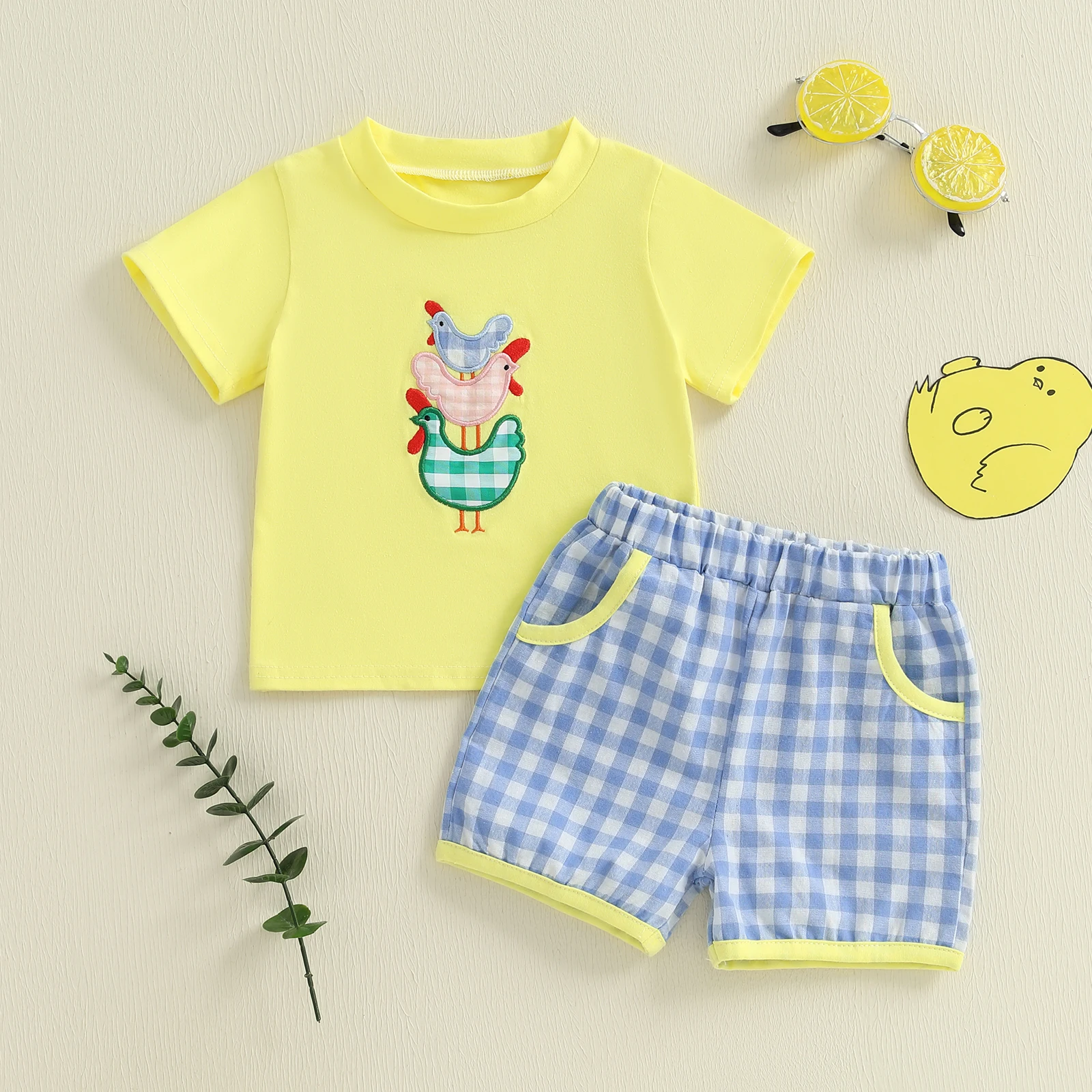 

Lioraitiin Toddler Baby Summer Outfit Loose Fit Chick Embroidery Short Sleeve T-Shirt with Plaid Shorts 2 Pcs Set