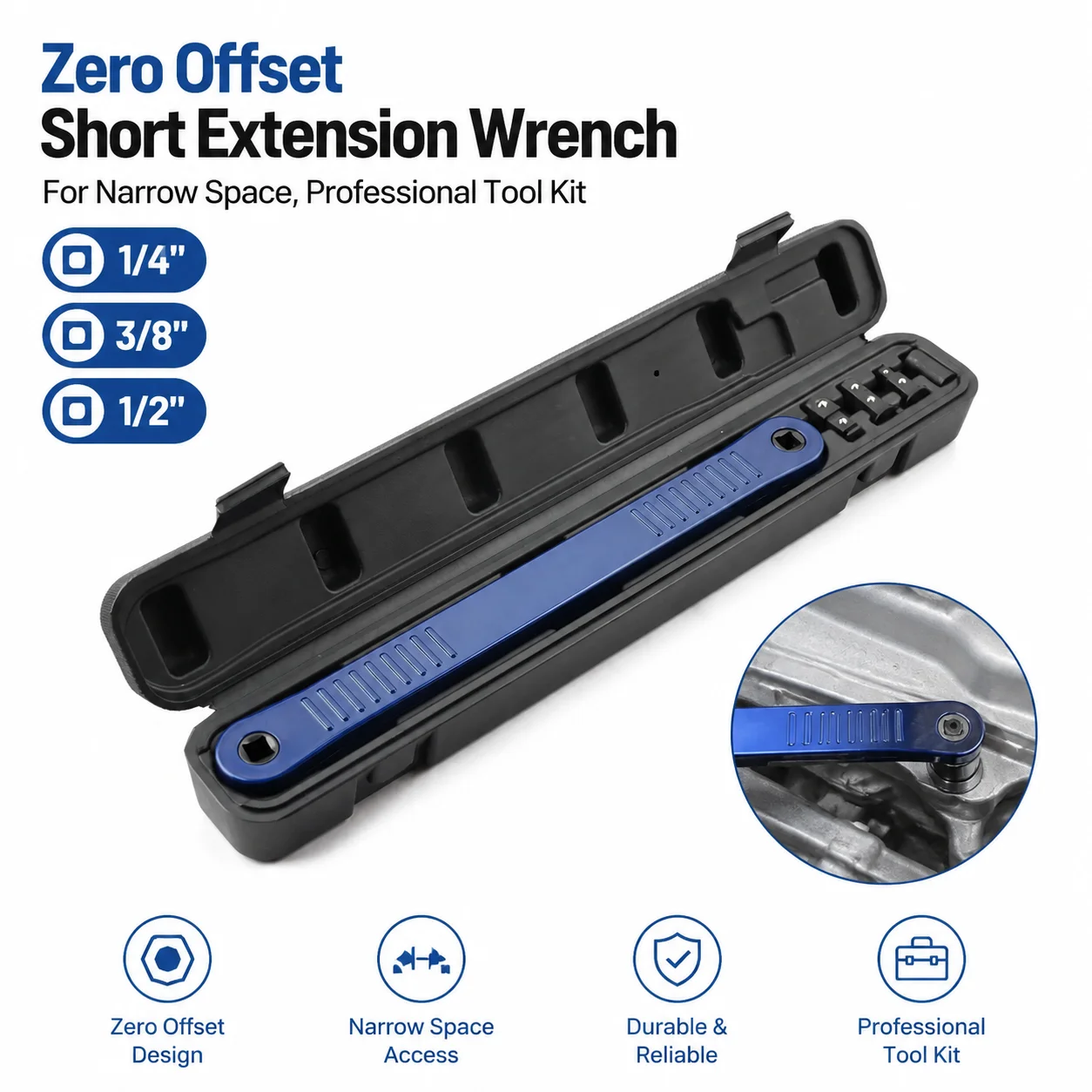 Zero Offset Short Extension Wrench for Narrow Space, 1/2 1/4 3/8 Inch Household & Automotive Repair Professional Tool Kit