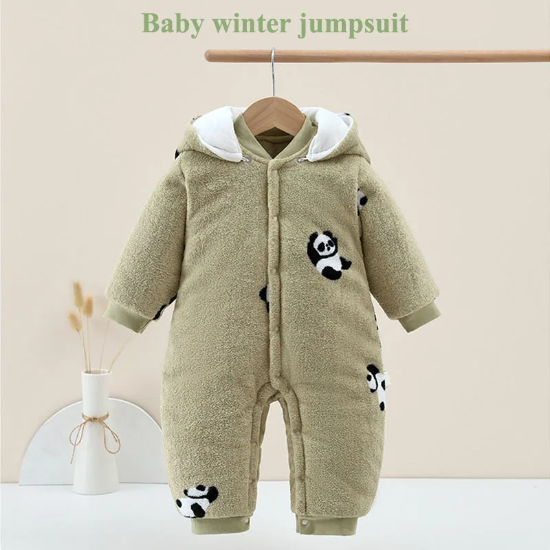 

2025 Winter Baby Jumpsuit Cute Animal Hooded Long sleeve Rompers Inside Cotton Thicken Soft Clothes Homewear Boys Girls 0-14M